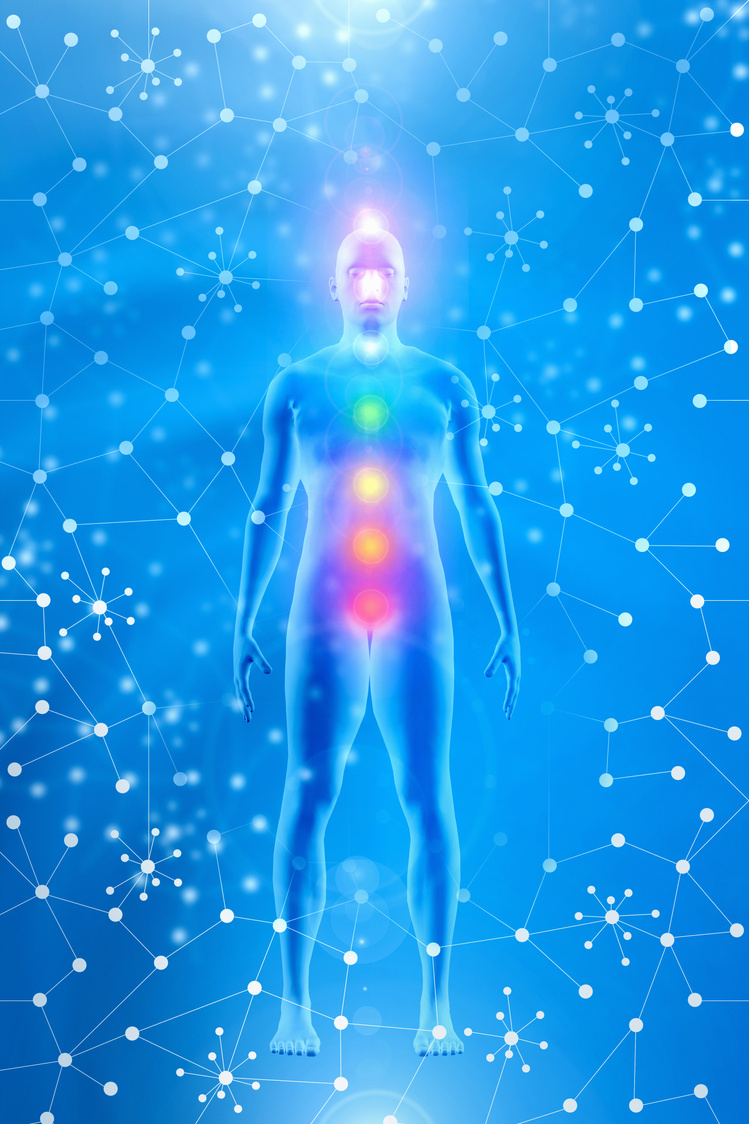 Standing human body meditating, chakra energy points, blue abstract background